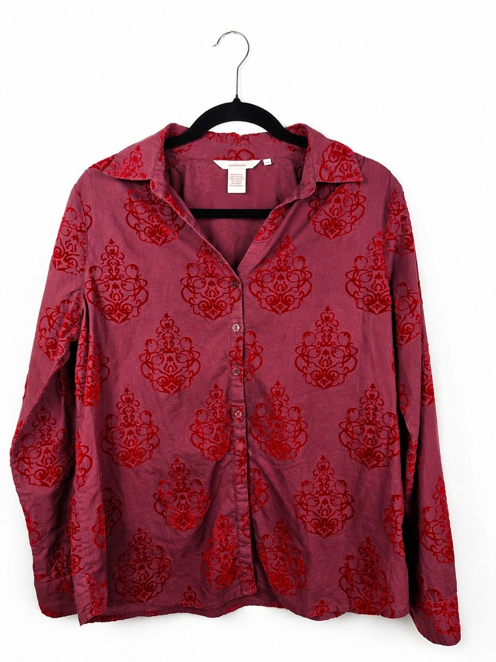 Sundance Burgundy Red Flocked Damask Cotton Button Front Boho Shirt M